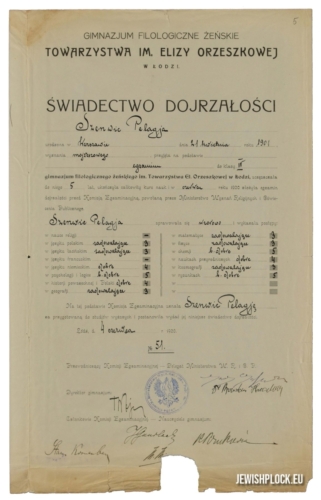 Pelagia Szenwic's school-leaving certificate (source: Archives of the University of Warsaw, reference number RP 7675)